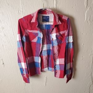 American Eagle 🦅 Western Flannel Shirt size 0 button down red white blue